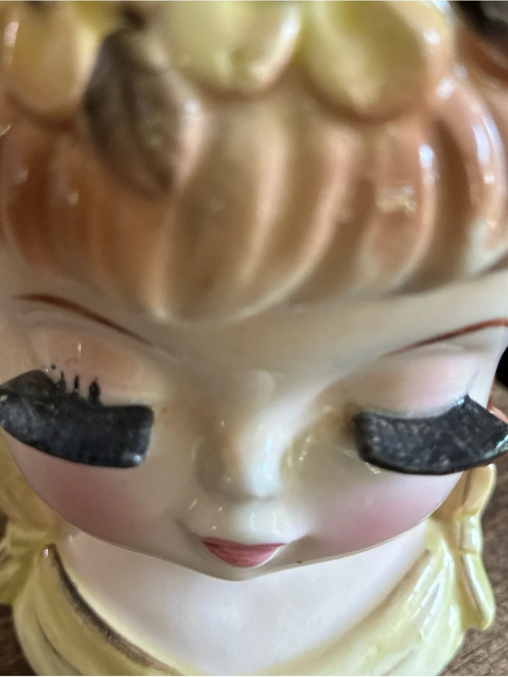 Vintage Peach and Yellow Ceramic Lady Head Vase